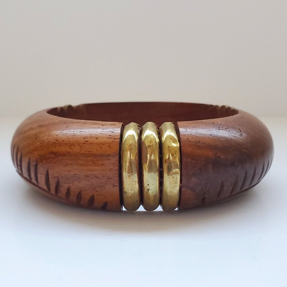 Artisan Handcrafted Wood Bangle Bracelet Modernist Carved Detail & Brass Design